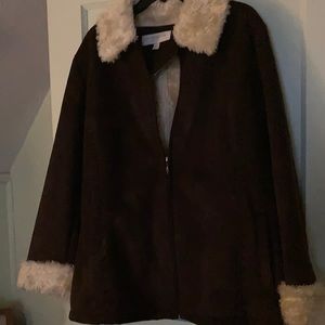 3/4 length suede coat zipper front brown with faux fur beige color